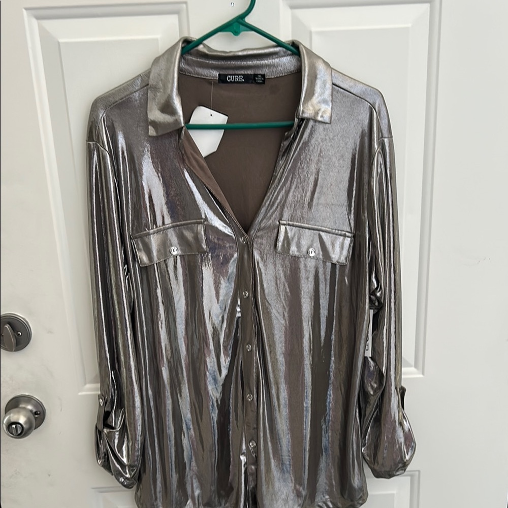 Cure Metallic Silver Button-Up Shirt